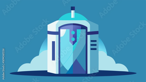 Cryotherapy Chamber A vector image of a cryotherapy chamber showing a cylindrical futuristic pod with an open door and frosty vapors emanating from it indicating the cold