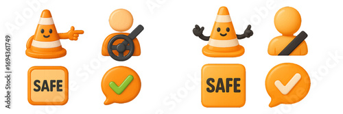 Modern digital road safety and driving awareness concepts with smiling traffic cones and abstract person symbols