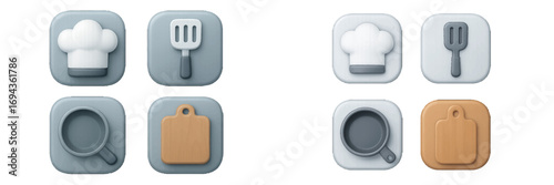 Set of cooking and kitchen utensil icons with chef hat, spatula, frying pan, and cutting board in modern style