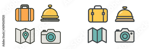 Collection of travel and hotel service icons including luggage, reception bell, folded map, and camera symbols