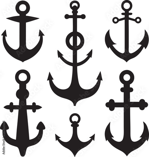 Collection of six classic maritime anchor silhouettes for nautical themed designs