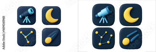 Stylized astronomy and space symbols featuring a telescope crescent moon star constellation and comet