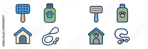 Colorful set of pet care essentials featuring grooming brushes, shampoo bottles, dog houses, and leashes