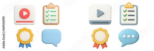Essential 3D rendered user interface icons for digital applications and web design, featuring symbols for communication, tasks, and achievements