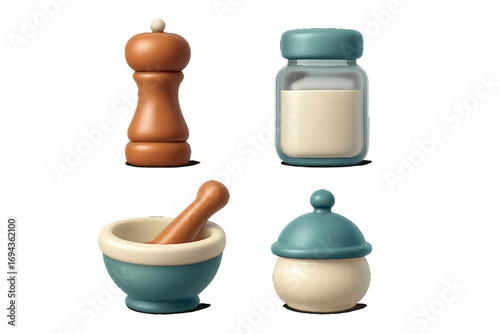Kitchen spice and herb tools set with pepper mill, salt shaker, mortar and pestle, and sugar bowl