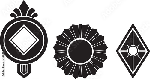 Three ornamental geometric seals and badges with diamond and circular motifs