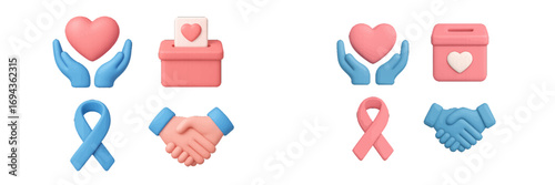 Symbols of hands holding heart, donation box, awareness ribbon, and handshake representing charity and support