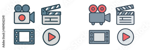 Collection of movie and film production icons including camera, clapperboard, film strip, and play button