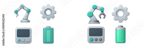 Modern industrial automation and energy concepts depicted with robotic arms, gears, control panels, and power cells