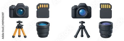 Professional photography gear assortment featuring sleek digital cameras, high-capacity memory cards, versatile camera lenses, and sturdy tripods