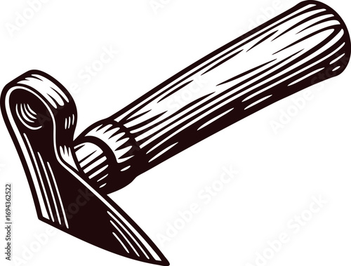 Hand drawn wooden handled garden hoe vintage illustration isolated on white background engraving