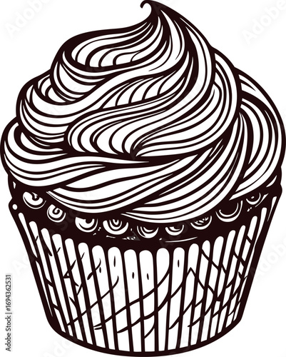 Detailed hand drawn cupcake illustration with swirled frosting and cupcake liner in vintage sketch