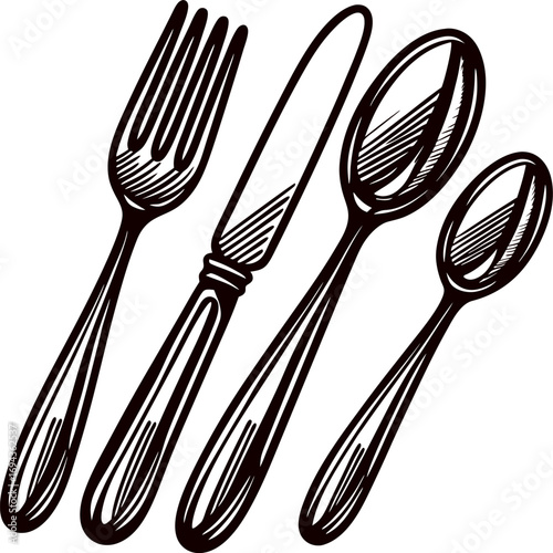 Hand drawn cutlery set with fork, knife, tablespoon, and teaspoon isolated on white background vintage engraving