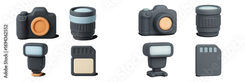 Modern photography equipment: cameras, lenses, flashes, memory cards
