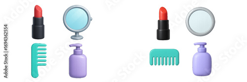 Assortment of everyday beauty and personal care products like lipstick, vanity mirror, hair comb, and liquid soap dispenser