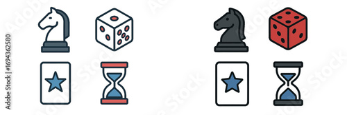 Vibrant collection of gaming and time management symbols including chess knight dice playing card and hourglass