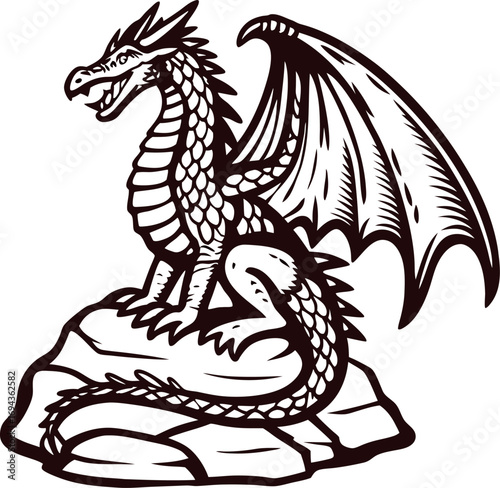 Hand drawn legendary dragon with wings perched on rock mythical vintage illustration