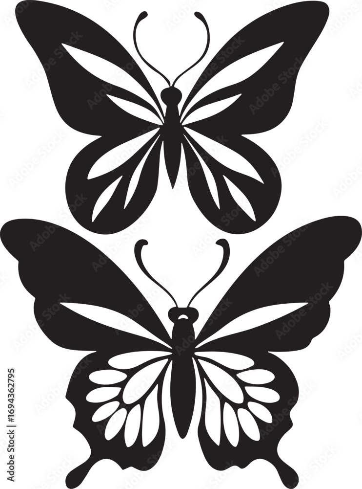 Obraz premium Two elegant black and white silhouettes of butterflies in flight for decoration