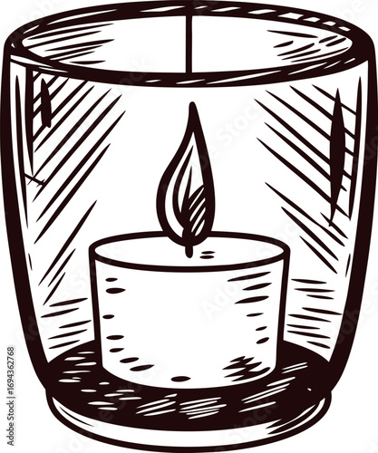 Hand drawn glass candle holder with lit tealight vintage sketch illustration of burning wax in transparent cup