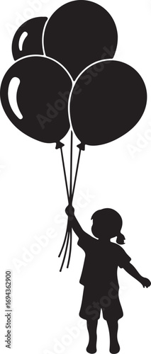 Vector art of silhouette of a little girl holding balloons vector illustration of a child with balloons in black and white
