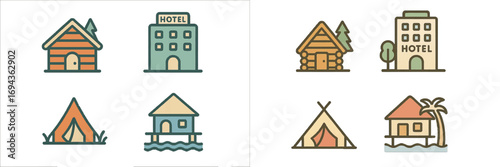 Diverse lodging and accommodation icons: cabins, hotels, tents, bungalows