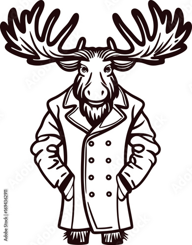 Anthropomorphic moose in trench coat illustration standing animal character with hooves in pockets on white background
