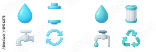 Set of 3D style water conservation and purification icons including water drop, faucet, filter, and recycling symbols