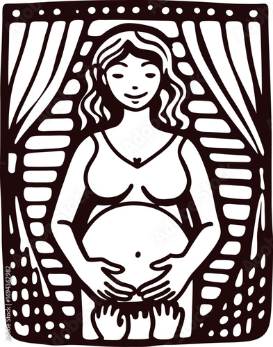Pregnant woman holding belly standing in window frame modern hand drawn black and white line art illustration