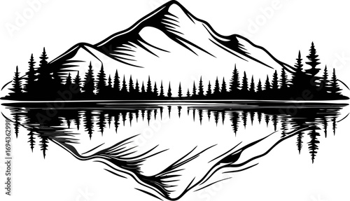 Monochrome mountain and tree landscape with mirrored lake reflection hand drawn evergreen forest scenery