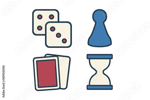 Classic board game icon set with dice, playing cards, a pawn piece, and an hourglass timer for tabletop gaming