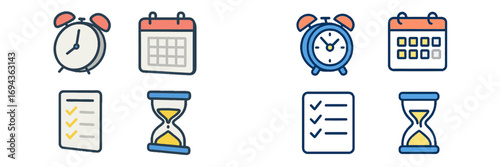 Time management and planning icons with alarm clocks, calendars, checklists, and hourglasses for productivity and organization