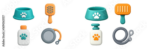 Collection of essential pet care items including food bowls, grooming brushes, shampoo bottles, and leashes