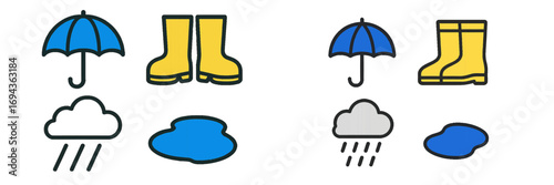 Blue umbrella, yellow rain boots, cloud with falling rain, and blue puddle depicting various weather elements