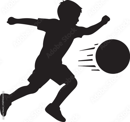 Vector art of silhouette of a boy kicking a soccer ball he is running and kicking the ball, vector illustration