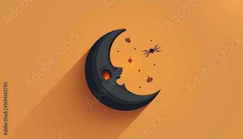 Crescent moon with pumpkins and spider on orange background