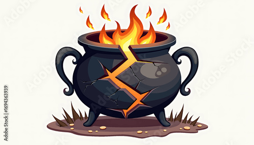 A bizarre cracked black cauldron with a burning flame in a small area