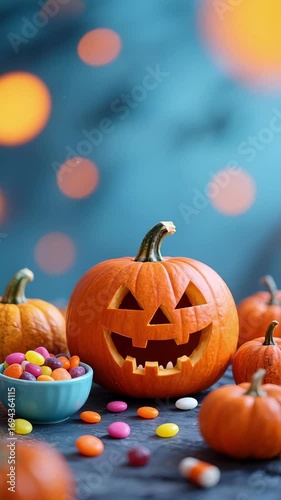 A pumpkin candy halloween autumn orange blue festive carved decoration celebration with jack o lantern, colorful candy, small pumpkins, cheerful atmosphere, spooky blue background, glowing carved f
