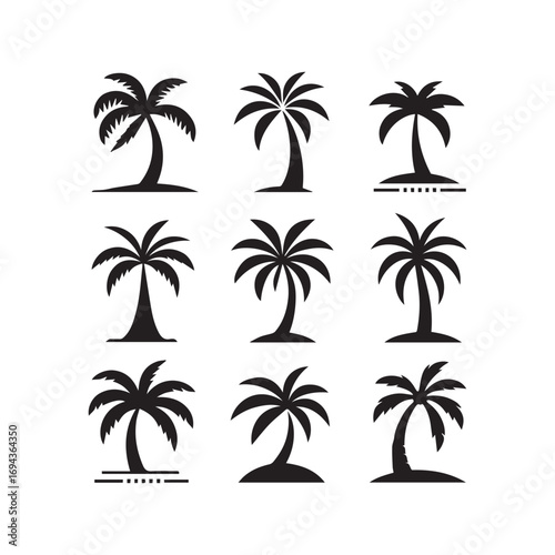 Palm Tree Icon Set – Tropical Silhouette Vector Collection