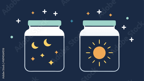Dual Jar Design Two cream jars side by side one labeled Day with a sun icon and the other labeled Night with a moon icon with particles representing exosomes floating out of both.