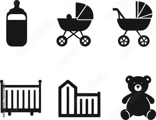 Baby essentials vector icons set, bottle, strollers, cribs, and teddy bear for newborn care design needs
