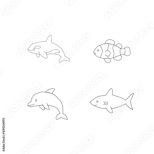 seamless pattern with sea animals. Seamless sea animals pattern. Cute ocean doodle set. Hand drawn marine creatures. Cartoon sea life vector. Aquatic animals illustration. Kawaii underwater bundle.
