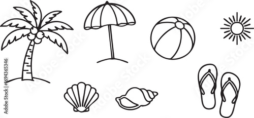 Vector Summer Beach Vacation Outline Icons Set: Tropical Holiday Line Art Collection