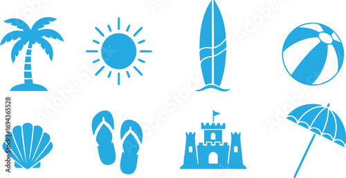 Vector Essential Blue Summer Beach Icons Collection - Tropical Vacation & Holiday Symbols Set