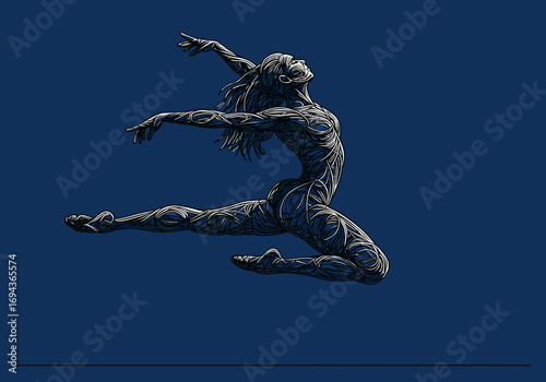 Dynamic leap of a stylized dancer against a deep blue background.