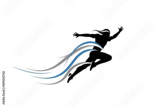 Dynamic silhouette of a person leaping with flowing lines representing speed and energy.