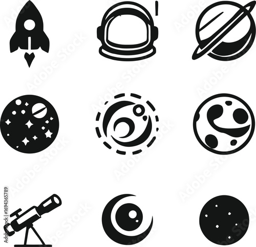 Vector icons of space exploration elements rocket astronaut helmet planets telescope and celestial bodies