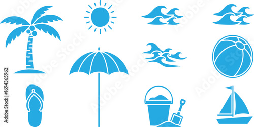 Vector Blue Summer Beach & Tropical Vacation Icons Set - Travel and Holiday Elements Collection