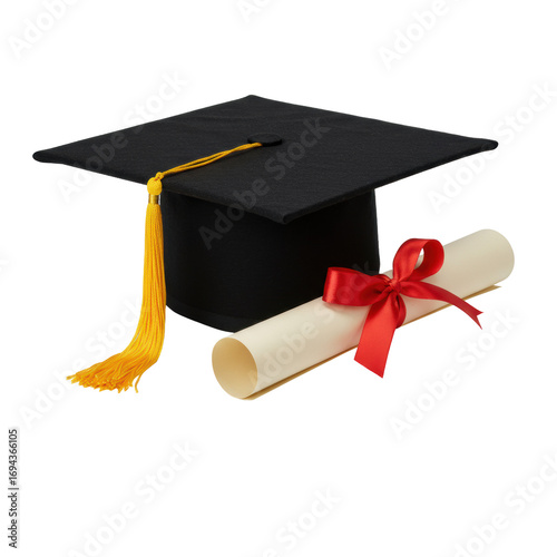 Classic black graduation mortarboard with golden tassel and rolled parchment diploma tied with crimson ribbon, on a transparent background, studio high-key lighting. Concept of academic success