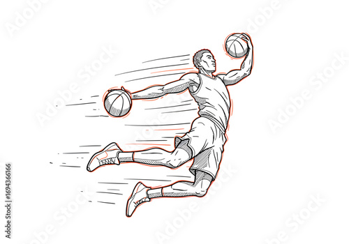 Dynamic basketball player in mid-air with two balls.