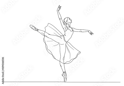 Elegant ballerina dancing en pointe in a continuous line art style.
